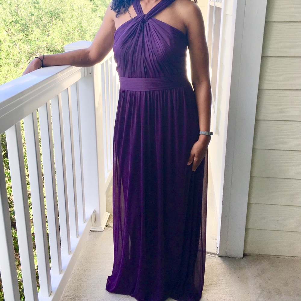 Plum Y-Neck Long Mesh Dress